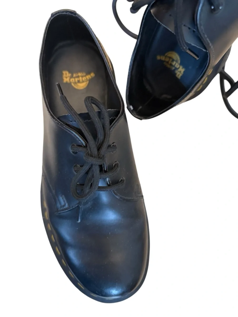 Dr Martens  Men's Black Lace-Up Platform Shoes with Yellow Stitch Detail